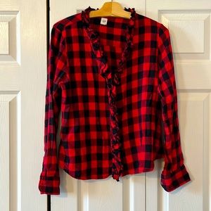 Gap Buffalo Plaid Flannel Ruffled Button Down